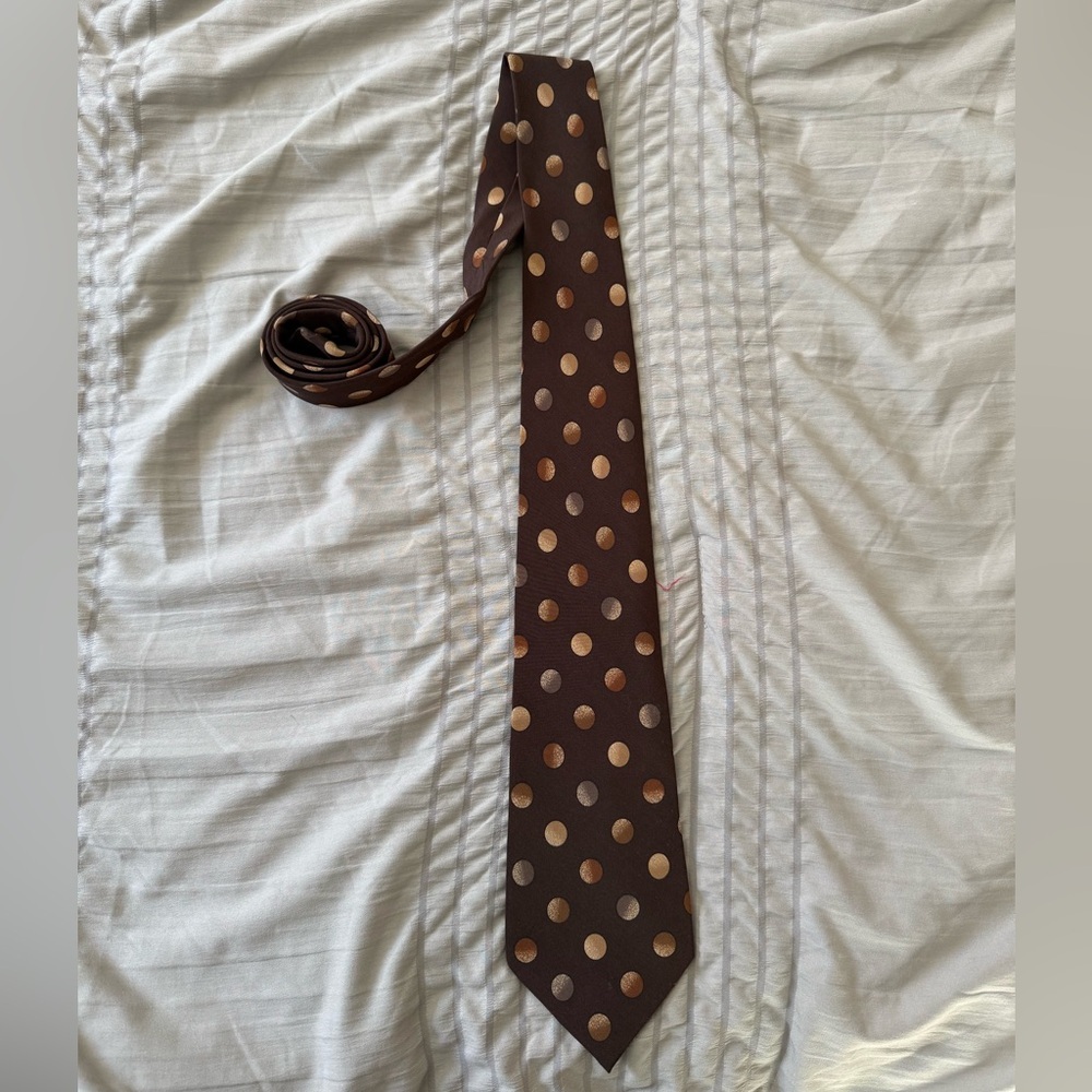 Chloe Silk Neck Tie Geometric Designer Brown Gold Polka Dot Vintage